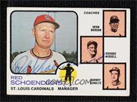 Vern Benson, George Kissell, Barney Schultz, Red Schoendienst (orange backgroun…