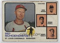 Vern Benson, George Kissell, Barney Schultz, Red Schoendienst (orange backgroun…