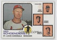 Vern Benson, George Kissell, Barney Schultz, Red Schoendienst (orange backgroun…