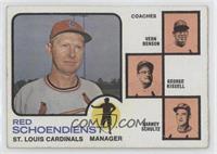 Vern Benson, George Kissell, Barney Schultz, Red Schoendienst (orange backgroun…