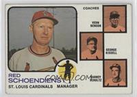 Vern Benson, George Kissell, Barney Schultz, Red Schoendienst (orange backgroun…