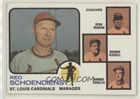 Red Schoendienst, Vern Benson, George Kissell, Barney Schultz (brown background)