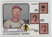 Red Schoendienst, Vern Benson, George Kissell, Barney Schultz (brown background)