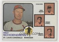 Red Schoendienst, Vern Benson, George Kissell, Barney Schultz (brown background…