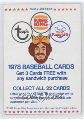 1978 Topps Burger King - Restaurant Texas Rangers #_CHEC - Checklist