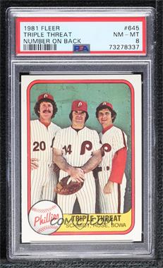 1981 Fleer - [Base] #645.2 - Triple Threat (Mike Schmidt, Pete Rose, Larry Bowa) (Number on Back) [PSA 8 NM‑MT]