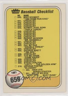1981 Fleer - [Base] #659.1 - Checklist (Last Number on Front is #551 Willie Wilson)