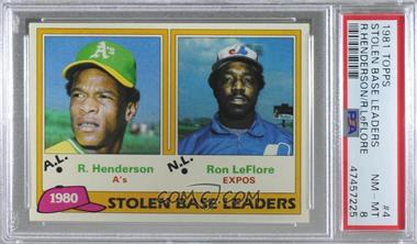 1981 Topps - [Base] #4 - League Leaders - Rickey Henderson, Ron LeFlore [PSA 8 NM‑MT]