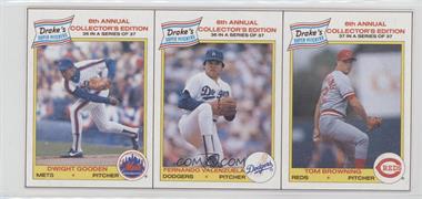 1986 Drake's Big Hitters - Food Issue 3 Card Panel #35-36-37 - Dwight Gooden, Fernando Valenzuela, Tom Browning [EX to NM]