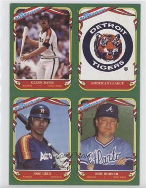 1987 Fleer Star Stickers - Wax Box Bottoms 4-Card Panel #S-1-4-5-7 - Detroit Tigers Team, Jose Cruz, Glenn Davis, Bob Horner [EX to NM]