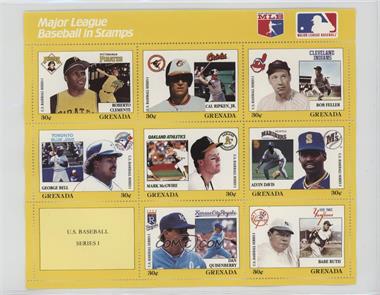 1988 Grenada MLB in Stamps U.S. Series 1 - Uncut 9-Stamp Sheet #YELL - Yellow Set - Roberto Clemente, Cal Ripken Jr., Bob Feller, George Bell, Mark McGwire, Alvin Davis, Dan Quisenberry, Babe Ruth
