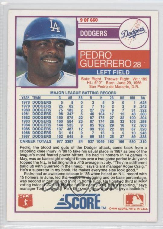 1988 score base 9 pedro guerrero baseball card condition chart