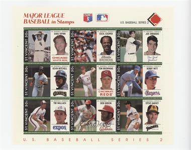 1989 St. Vincent U.S. Baseball Series 2 Stamps - Sheets #RED - Red - Early Wynn, Cecil Cooper, Joe DiMaggio, Kevin Mitchell, Tom Browning, Bobby Witt, Tim Wallach, Bob Gibson, Steve Garvey