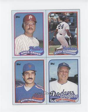 1989 Topps - Wax Box Bottom Panel #E-H - Greg Gross, Rickey Henderson, Keith Hernandez, Tom Lasorda
