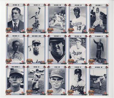 1990 Target Dodgers 100th Anniversary - Uncut 15-Card Sheet #CWBGG - Lave Cross, Max West, Tim Belcher, Jim Gilliam, Greek George, Mike Griffen, Bobby Darwin, Kevin Pasley, Whit Wyatt, Pete Browning, Ferrell Anderson, Hod Ford, Ed Head, Ed Amelung, Jim Winford