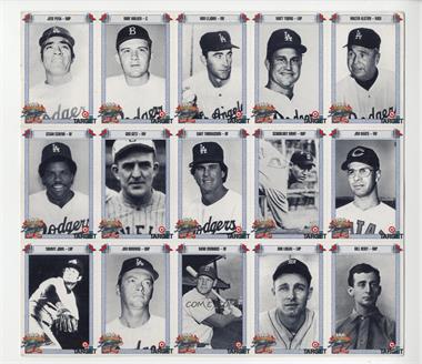 1990 Target Dodgers 100th Anniversary - Uncut 15-Card Sheet #PWLYA - Jose Pena, Rube Walker, Don LeJohn, Matt Young, Walter Alston, Cesar Cedeno, Gus Getz, Gary Thomasson, Schoolboy Rowe, Jim Baxes, Tommy John, Jim Bunning, Hank Edwards, Bob Logan, Bill Reidy [Good to VG‑EX]