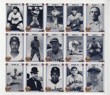 1990 Target Dodgers 100th Anniversary - Uncut 15-Card Sheet #RFLDB - Johnny Rutherford, Lonny Frey, Bill Lamar, Curt Davis, Charlie Babb, Franklin Stubbs, Jack Dalton, Babe Phelps, Zack Taylor, Clem Labine, George Stallings, Mike Sampson, Max Butcher, Red Barkley