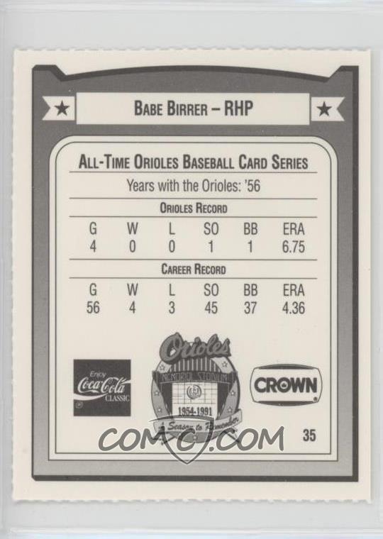 1991 All-Time Baltimore Orioles Team Issue - [Base] #35 - Babe Birrer