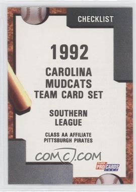 1992 Fleer ProCards Minor League - [Base] #1197 - Team Checklist - Carolina Mudcats