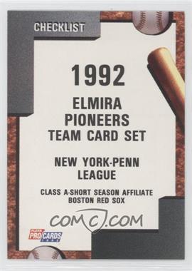 1992 Fleer ProCards Minor League - [Base] #1398 - Team Checklist - Elmira Pioneers