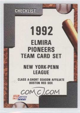 1992 Fleer ProCards Minor League - [Base] #1398 - Team Checklist - Elmira Pioneers