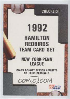 1992 Fleer ProCards Minor League - [Base] #1610 - Team Checklist - Hamilton Redbirds