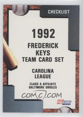 1992 Fleer ProCards Minor League - [Base] #1825 - Team Checklist - Frederick Keys