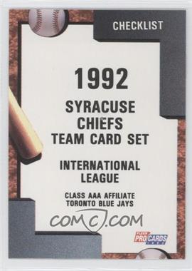 1992 Fleer ProCards Minor League - [Base] #1989 - Team Checklist - Syracuse Chiefs