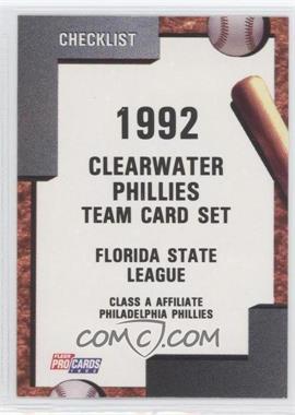 1992 Fleer ProCards Minor League - [Base] #2076 - Team Checklist - Clearwater Phillies