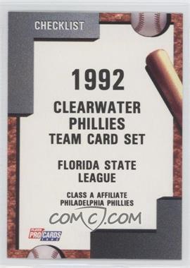 1992 Fleer ProCards Minor League - [Base] #2076 - Team Checklist - Clearwater Phillies