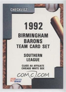 1992 Fleer ProCards Minor League - [Base] #2601 - Team Checklist - Birmingham Barons