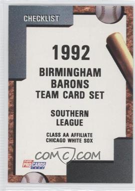 1992 Fleer ProCards Minor League - [Base] #2601 - Team Checklist - Birmingham Barons