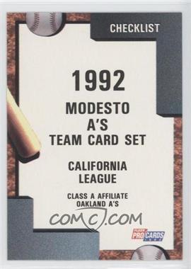 1992 Fleer ProCards Minor League - [Base] #3912 - Team Checklist - Modesto A's