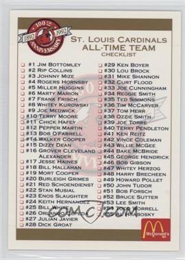 1992 Pacific McDonald's St. Louis Cardinals 100th Anniversary - [Base] #_CHEC - Checklist