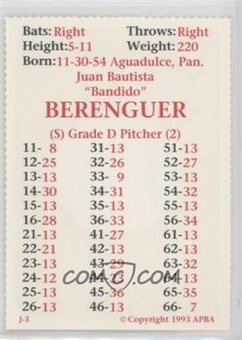 1993 APBA Baseball 1992 Season - Perforated #_JUBE - Juan Berenguer