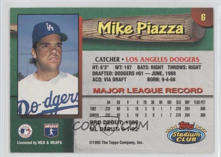 Mike Piazza baseball card (Los Angeles Dodgers Hall of Fame) 1995 Topps  Stadium Club #149 at 's Sports Collectibles Store