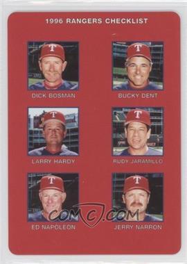 1996 Mother's Cookies Texas Rangers - Stadium Giveaway [Base] #28 - Checklist (Dick Bosman, Bucky Dent, Larry Hardy, Rudy Jaramillo, Ed Napoleon, Jerry Narron)