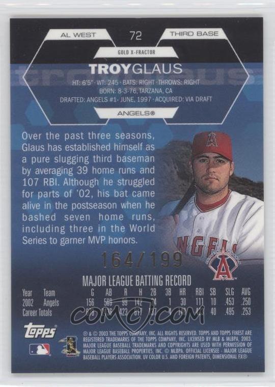 2003 Topps Finest - [Base] - Gold X-Fractor #72 - Troy Glaus /199