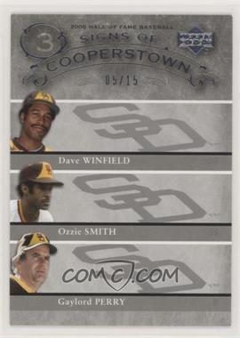 2005 Upper Deck Hall of Fame - Signs of Cooperstown Triple - Silver #WSP - Dave Winfield, Gaylord Perry, Ozzie Smith /15