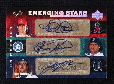2007 Upper Deck Premier - Emerging Stars Triple Autographs - Masterpiece #ES3-WHV - Jered Weaver, Felix Hernandez, Justin Verlander /1
