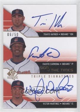 2008 SP Authentic - Sign of the Times Triple Signatures #ST3-HCM - Travis Hafner, Fausto Carmona, Victor Martinez /50