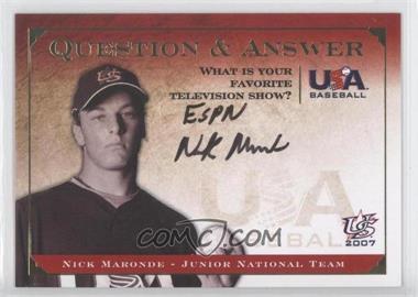 2008 Upper Deck USA Baseball National Teams - Junior National Team Question & Answer #QA-NM4 - Nick Maronde