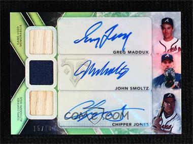 2015 Topps Triple Threads - Auto Relic Combos - Emerald #TTARC-MSJ - John Smoltz, Chipper Jones, Greg Maddux /18