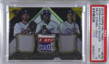 2016 Topps Triple Threads - Triple Threads Relic Combos - Gold #TTRC-KPS - Clayton Kershaw, Yasiel Puig, Corey Seager /9 [PSA 6 EX‑MT]