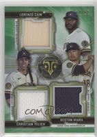 Keston Hiura, Lorenzo Cain, Christian Yelich #/18