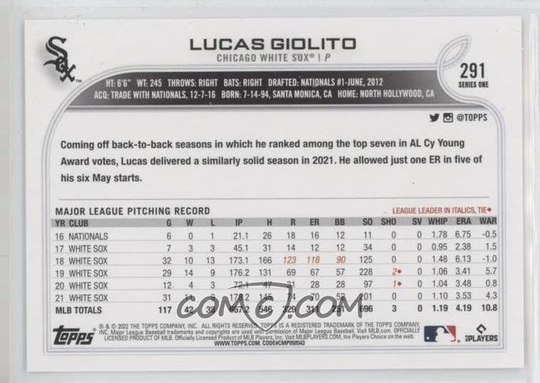 2022 Topps Baseball # 291 Lucas Giolito