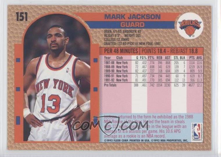 mark jackson rookie card 1992 93 fleer base 151 mark jackson comc card mark jackson rookie card 1992 93 fleer base 151 mark jackson comc card