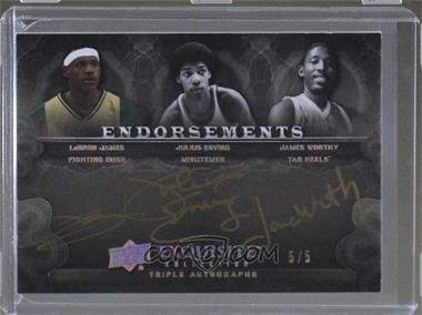 2011-12 Exquisite Collection - Endorsements Triple Autographs - Gold Spectrum #EE3-WEJ - LeBron James, Julius Erving, James Worthy /5 [EX to NM]