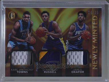2015-16 Panini Gold Standard - Newly Minted Memorabilia Triples #2 - Karl-Anthony Towns, D'Angelo Russell, Jahlil Okafor /25