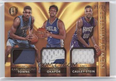 2015-16 Panini Gold Standard - Newly Minted Memorabilia Triples #7 - Karl-Anthony Towns, Jahlil Okafor, Willie Cauley-Stein /25